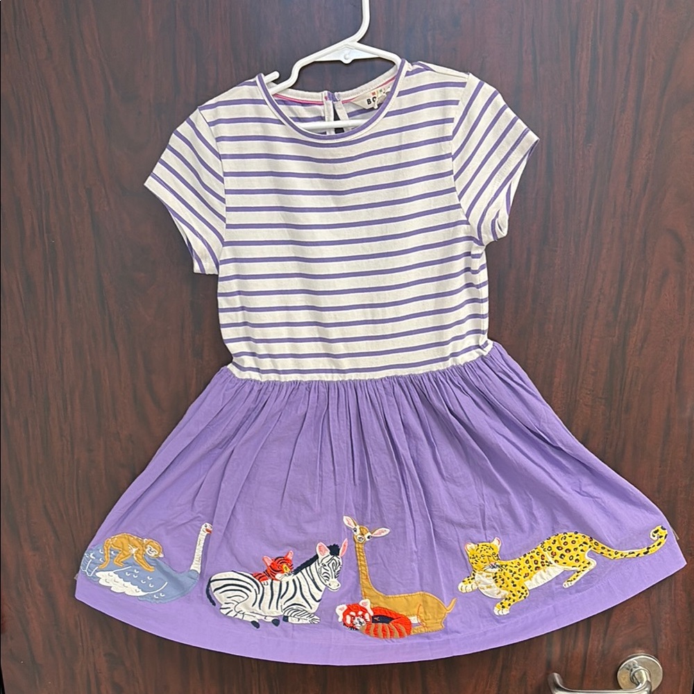 Purple Striped Kids Dress with Animal Print
